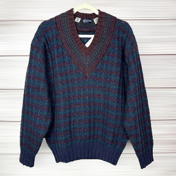 NWT Vintage AUSTIN REED V-neck Sweater Shetland Wool Blue Brown size M - Picture 1 of 13
